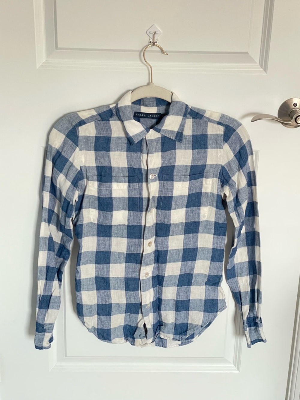 Ralph Lauren Blue & White Gingham Linen Long Sleeve Shirt Size 2 54428 - Picture 2 of 13